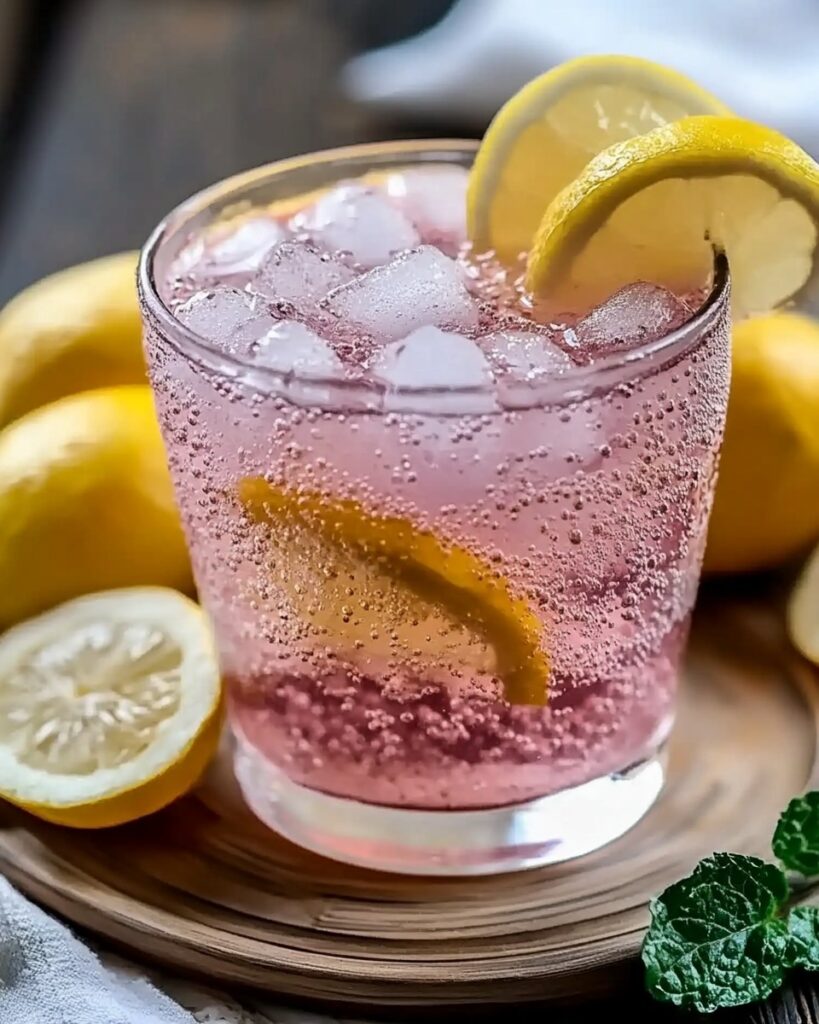 A glass of the pink salt weight loss recipe elixir with a slice of lemon on a clean white countertop.