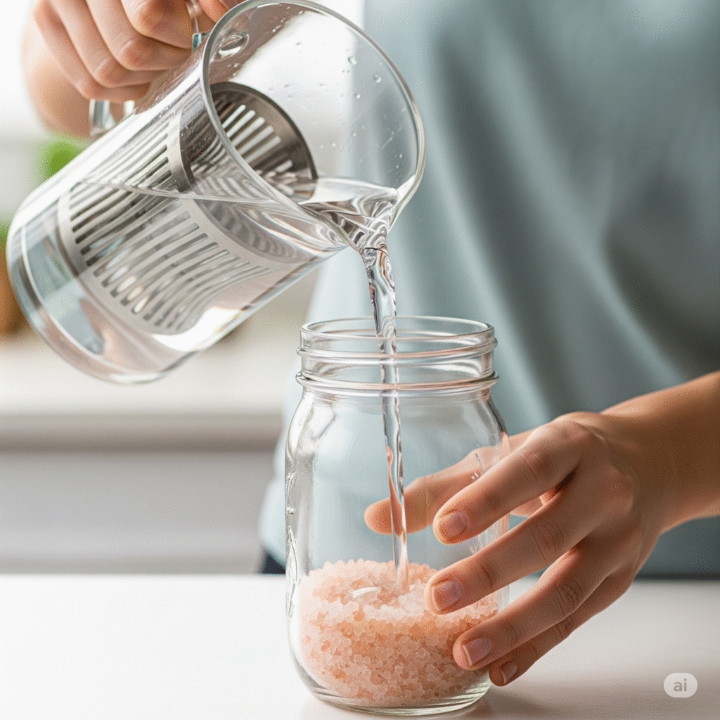 A person pouring filtered water into a glass jar of Himalayan pink salt to create a sole solution.