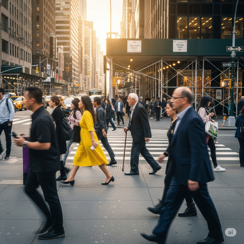 People walking on a bustling New York City street, representing Kelly Clarkson's daily walking routine.