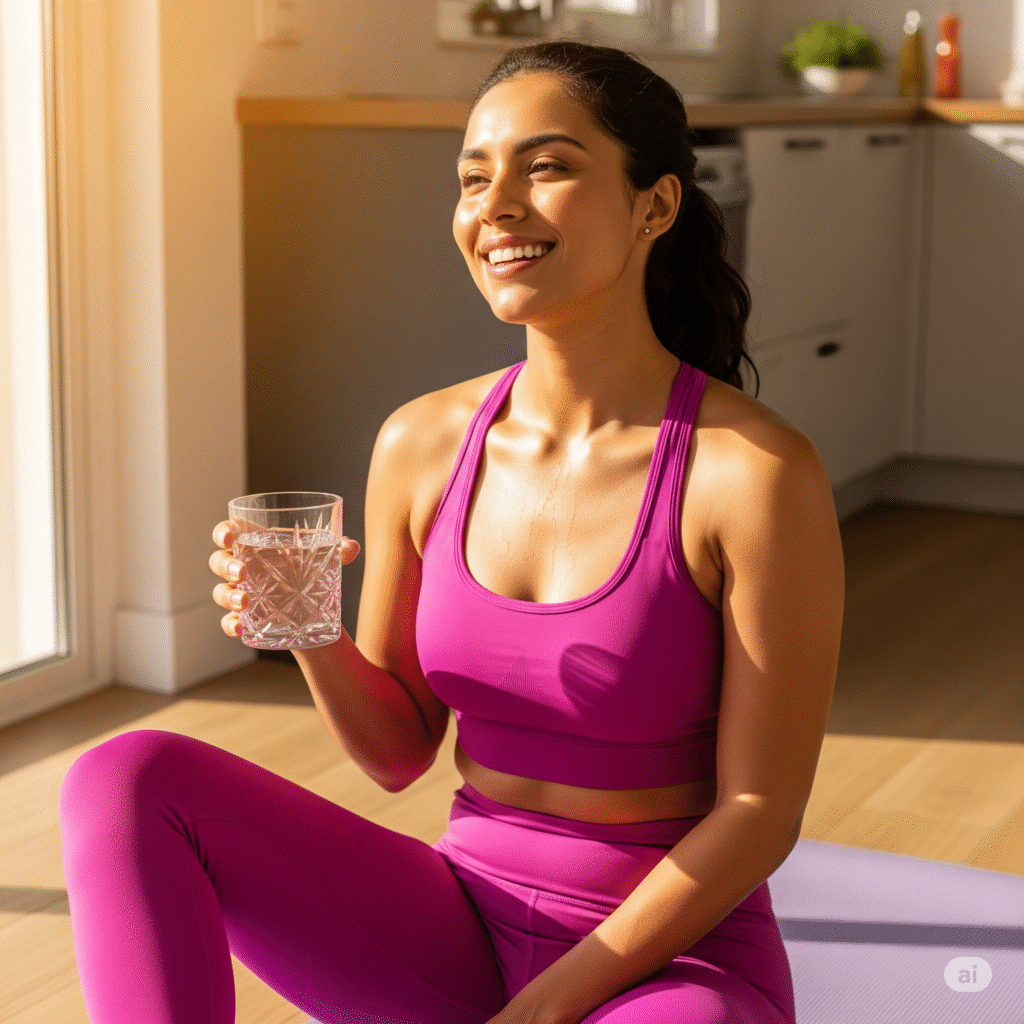 A healthy, hydrated woman in activewear smiling, representing the energy benefits of the pink salt elixir.