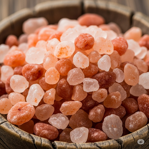 A close-up of coarse, raw Himalayan pink salt crystals highlighting their natural pink color and texture.